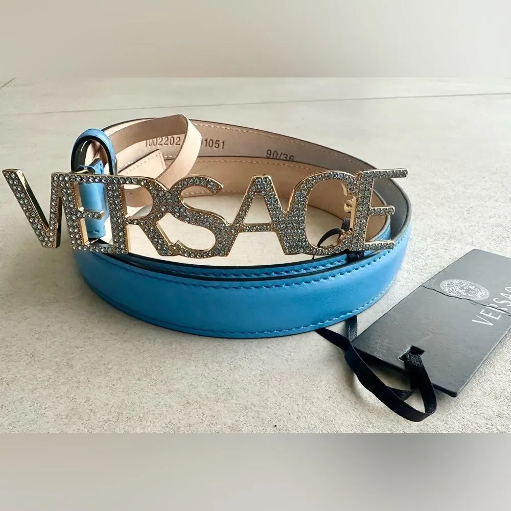 Versace Logo Plaque Crystal Belt Blue Size 90 NWT